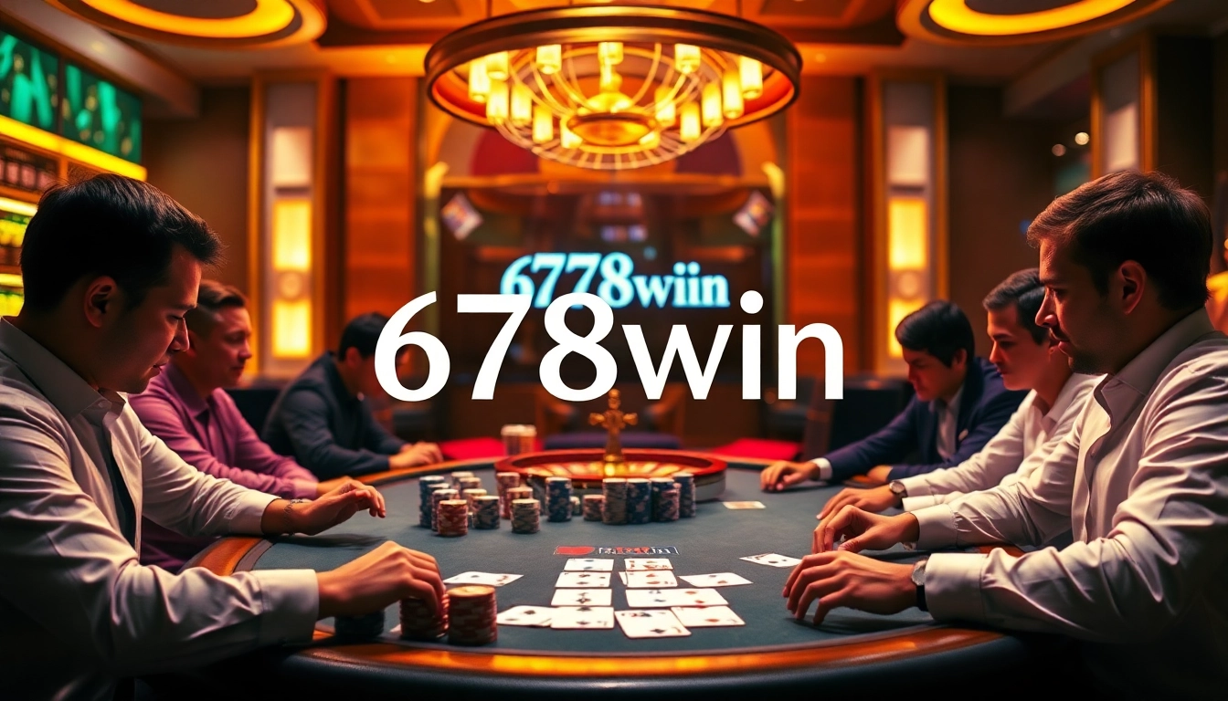 Experience the excitement of 678win at a high-stakes poker table with vibrant gameplay and casino elements.