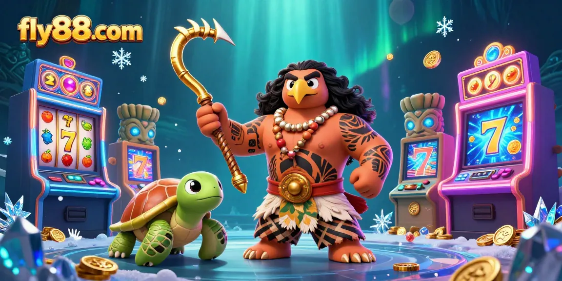 Spin to win at fly88com with a vibrant casino-themed scene featuring mythical characters and colorful slot elements.