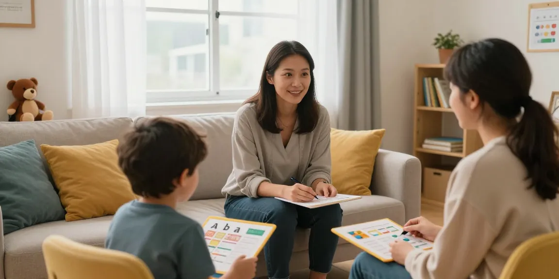 Therapist engaging in applied behaviour analysis session with a child, using visual aids in a welcoming therapy room.