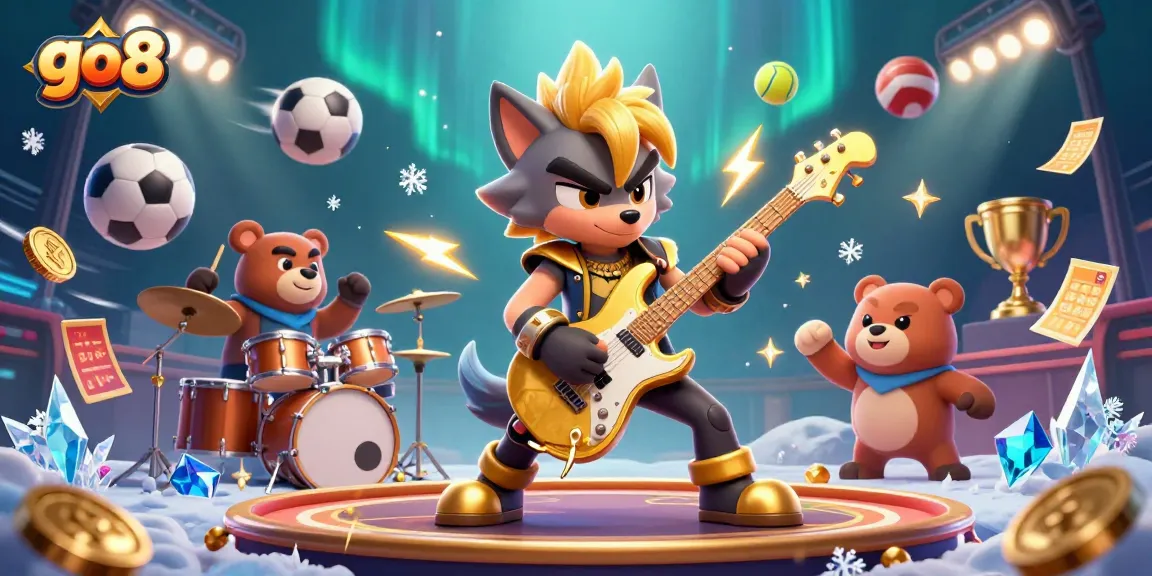 Engage in go8 casino fun with a rock star wolf shredding on a golden guitar amidst vibrant sports elements.
