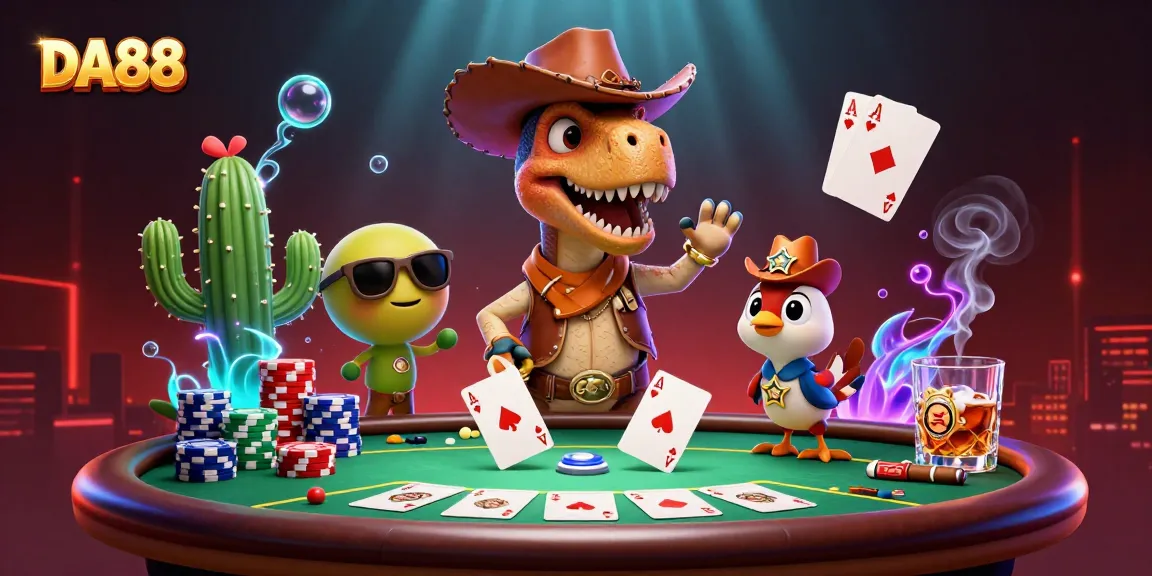 DA88 players engaging in a vibrant poker scene featuring animated characters and bold game elements.
