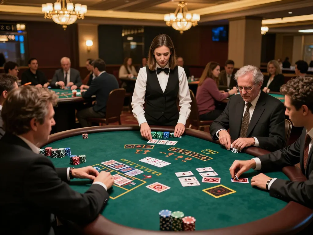 Players strategizing at a blackjack table, engaging with vb88 bets in an elegant casino.