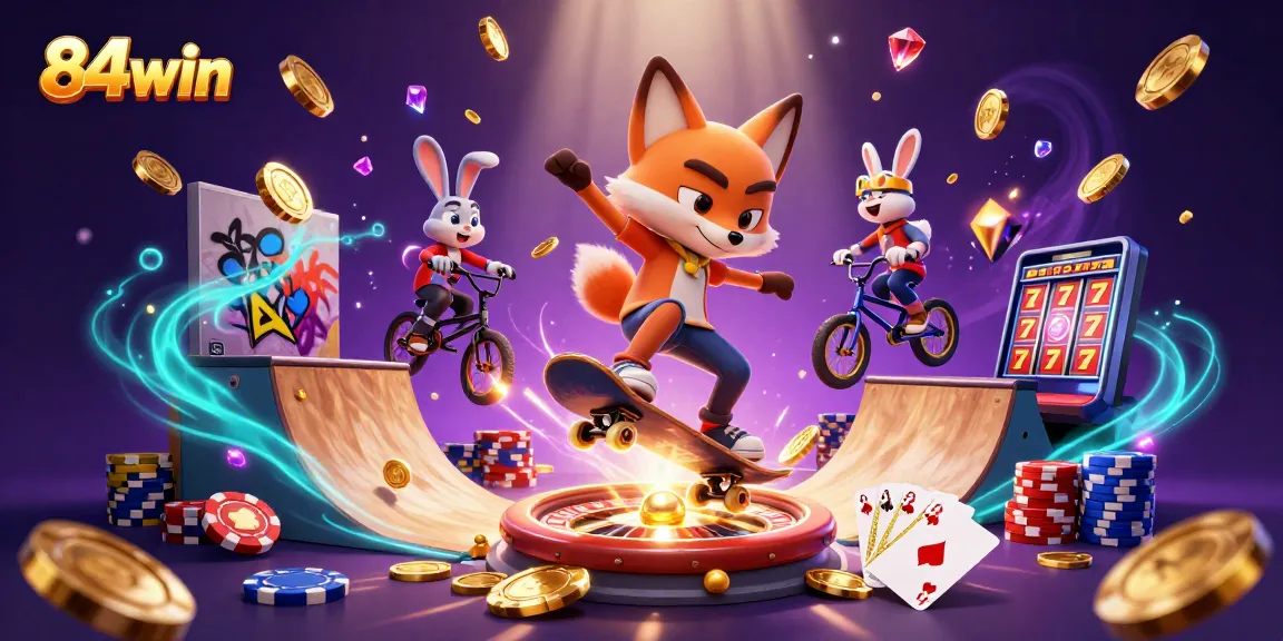 Experience thrilling gameplay at 84win with vibrant casino-themed 3D illustration.