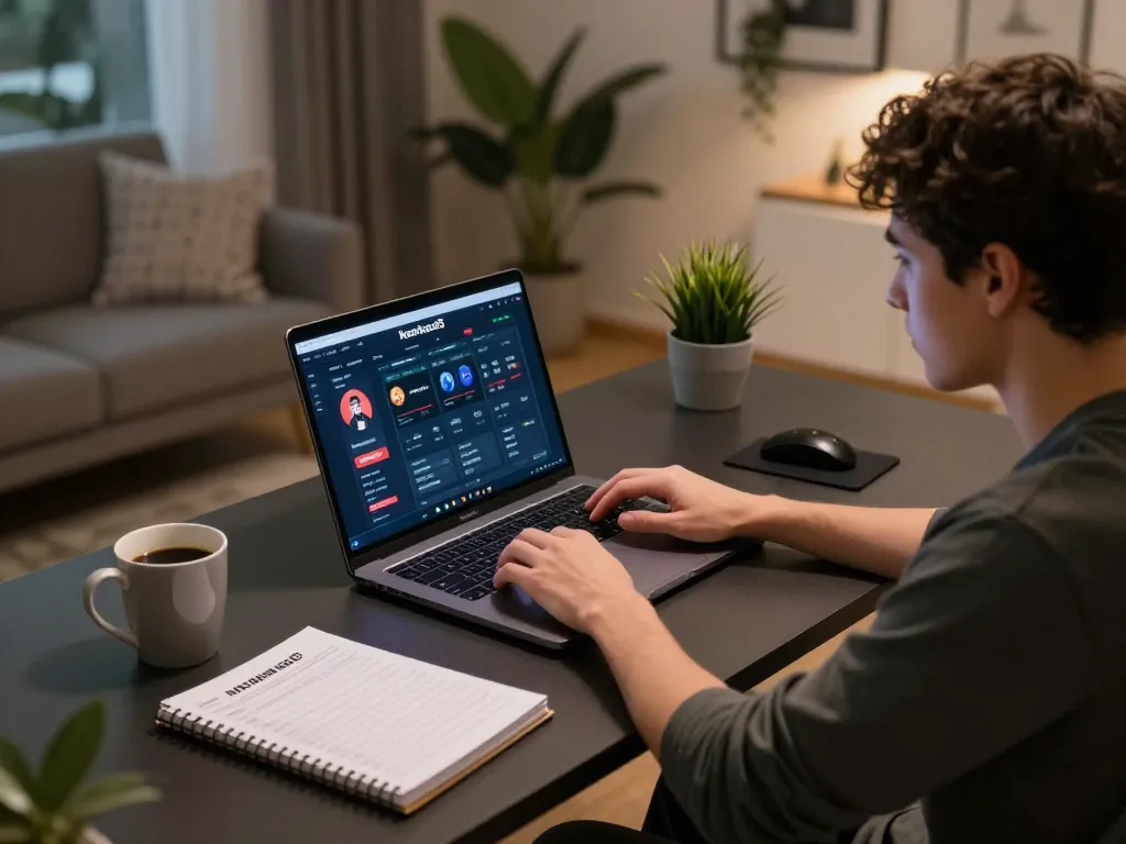 Engaging with keonhacai5 betting interface on a laptop in an elegant home office setting