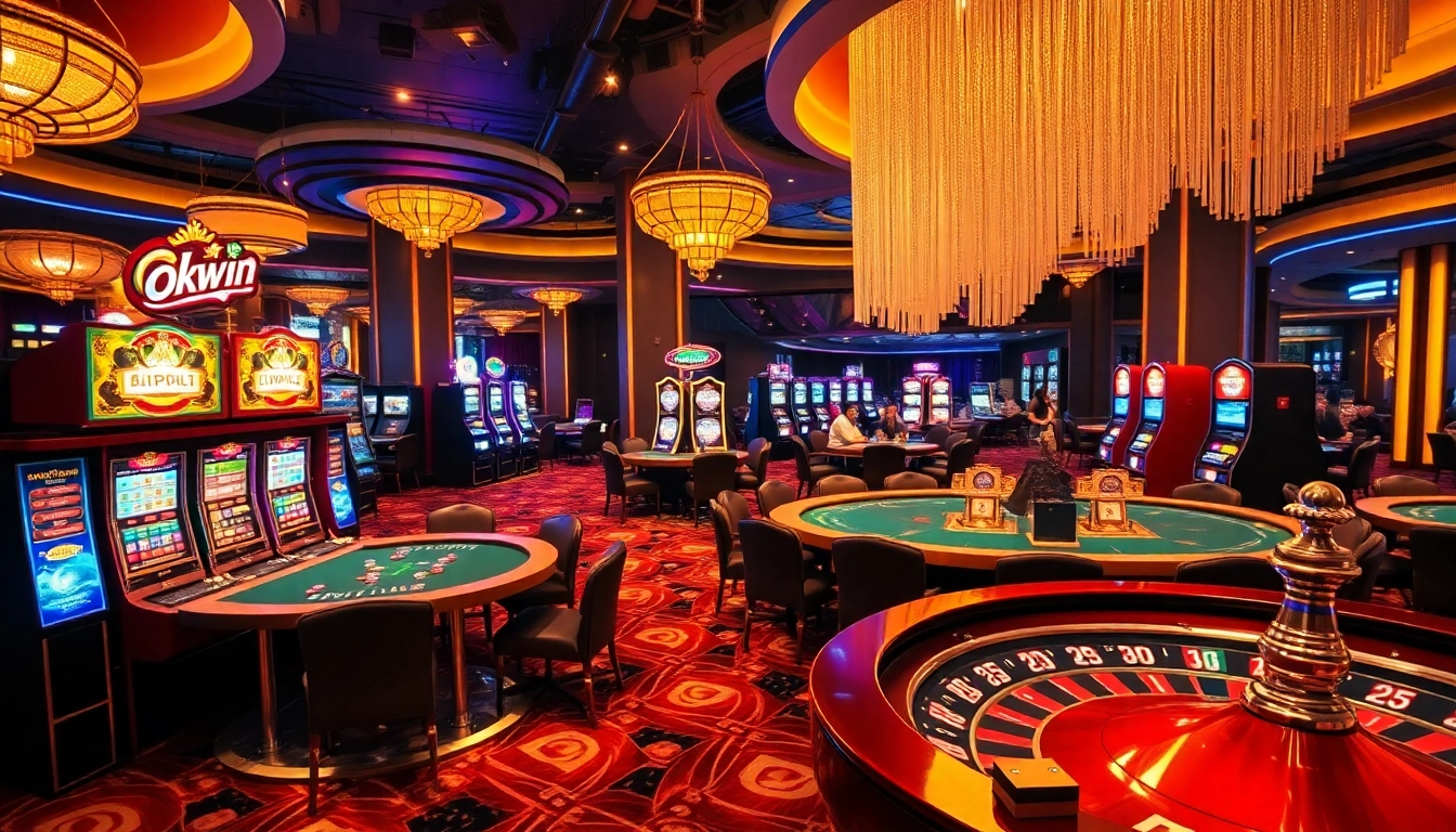 Players enjoying a thrilling okwin casino experience at poker tables and slot machines under warm lighting.