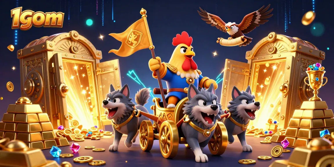 Engage in betting excitement at 1gom with the golden war chariot and treasure vault illustration.