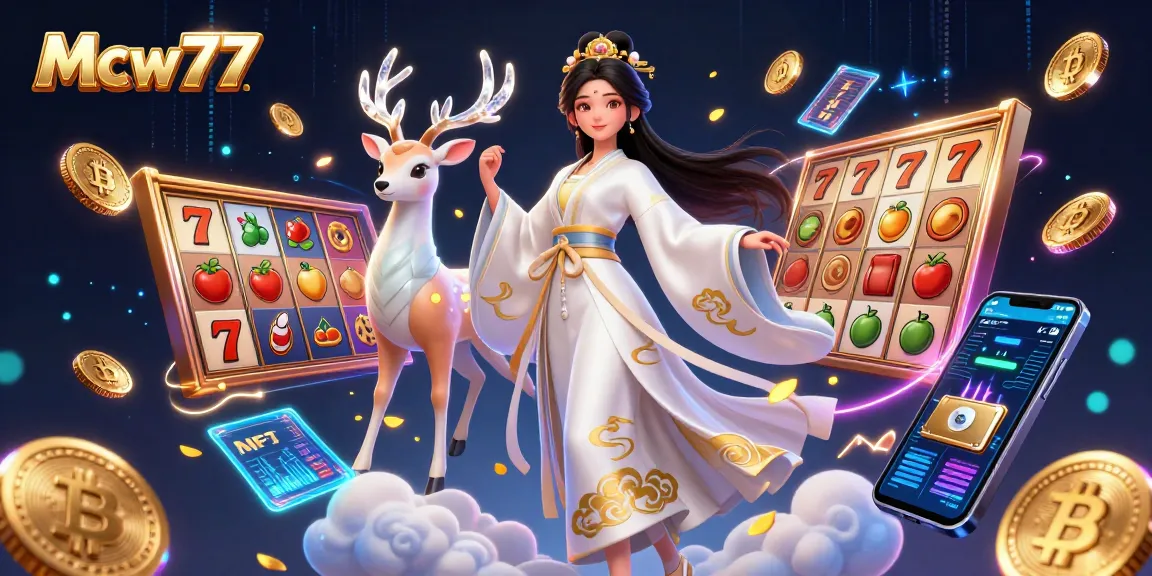 Experience thrilling jackpots at Mcw77, featuring a stunning Asian woman in modern hanfu with vibrant slot elements.