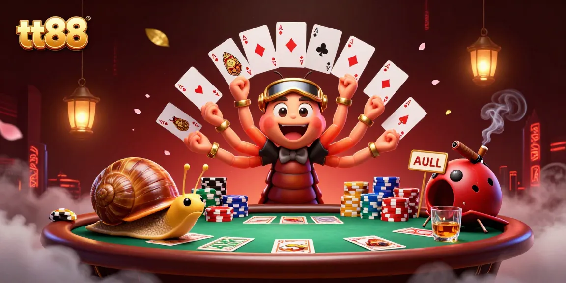 Play thrilling poker at tt88 with a 3D cartoon millipede dealer and animated casino atmosphere