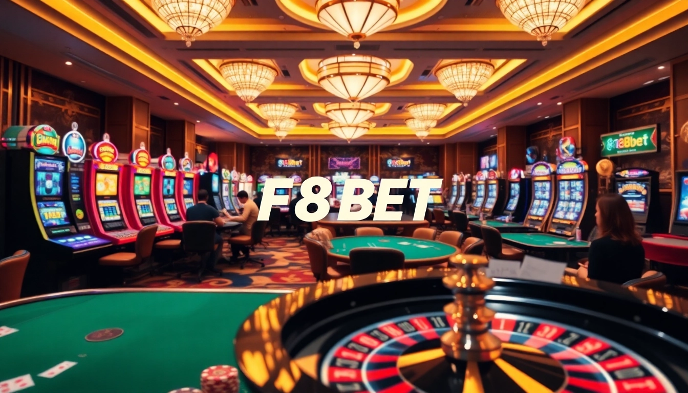 Exciting casino scene showcasing F8BET tables and dynamic gameplay atmosphere.