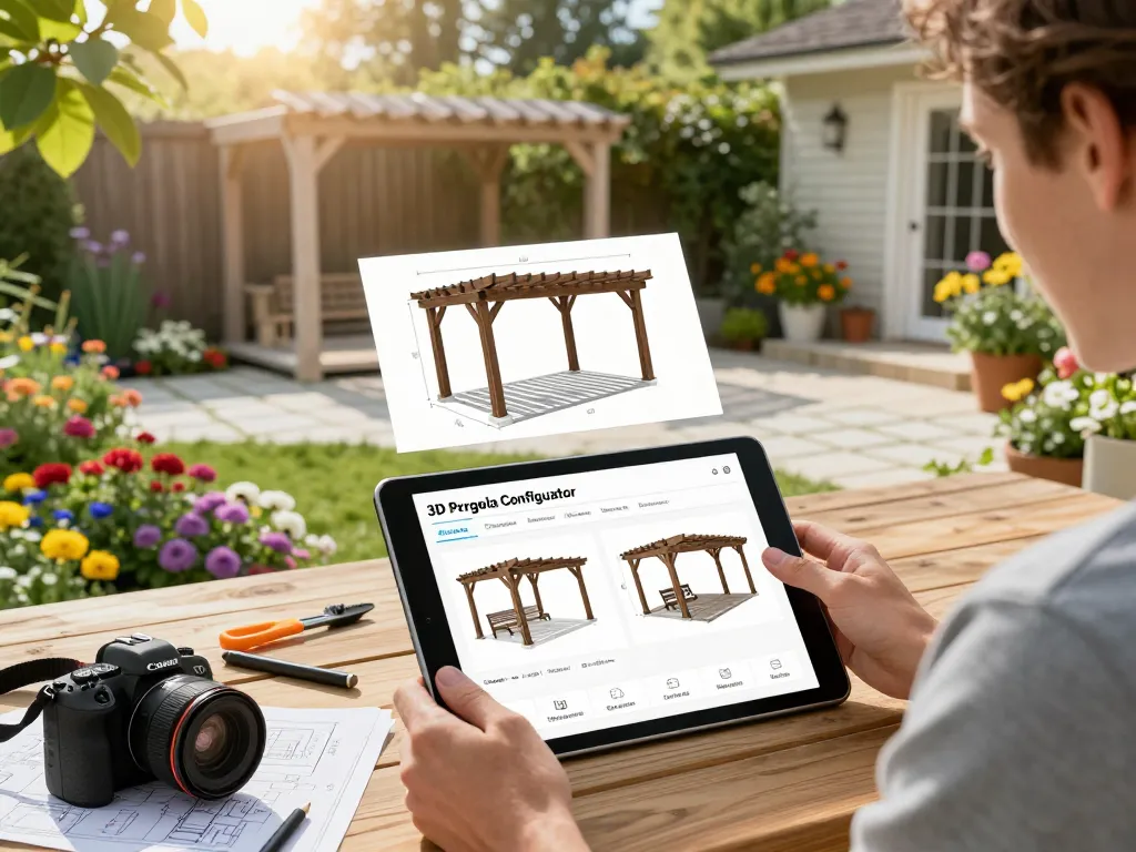Engaging homeowner using a 3D Pergola Configurator in a vibrant garden, visualizing customizable pergola designs.