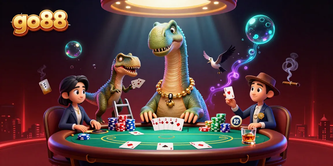 Engage with go88's thrilling gaming world as a dinosaur dealer oversees an exciting poker game.