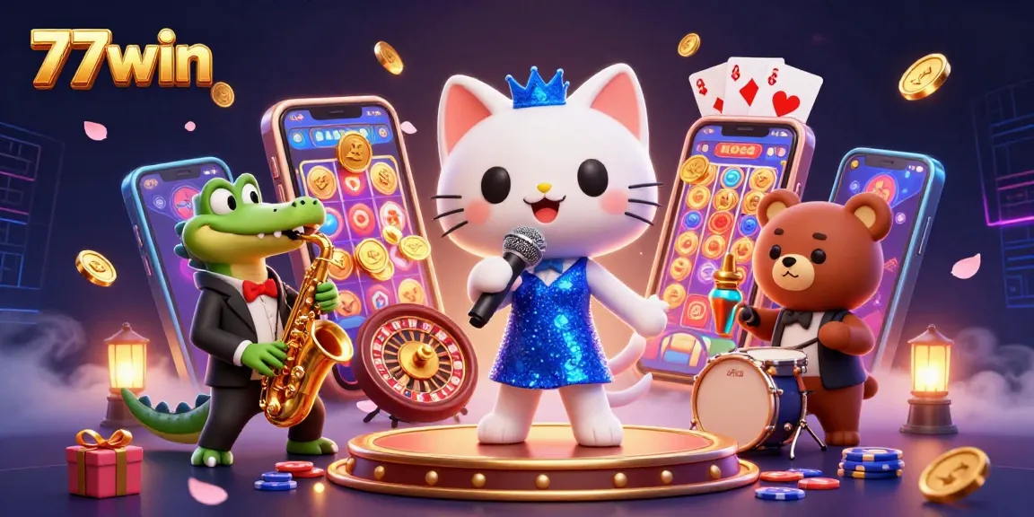77win's energetic casino scene showcasing a jazzy cat vocalist, croc saxophonist, and bear drummer, surrounded by dynamic gaming elements.