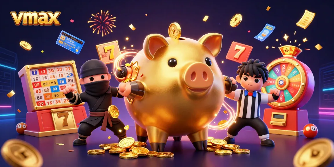 Experience vmax excitement with a golden piggy bank sumo wrestler stomping coins in a vibrant casino scene.