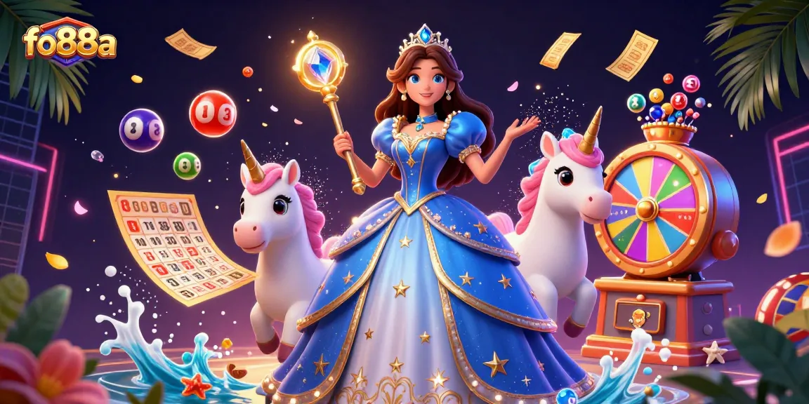 Win with fo88a in this vibrant casino scene featuring a glamorous woman, magical unicorn, and lottery elements.