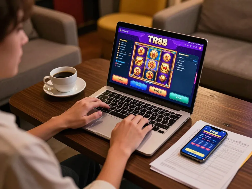 Player exploring TR88 slot game on a laptop during a cozy online gambling session