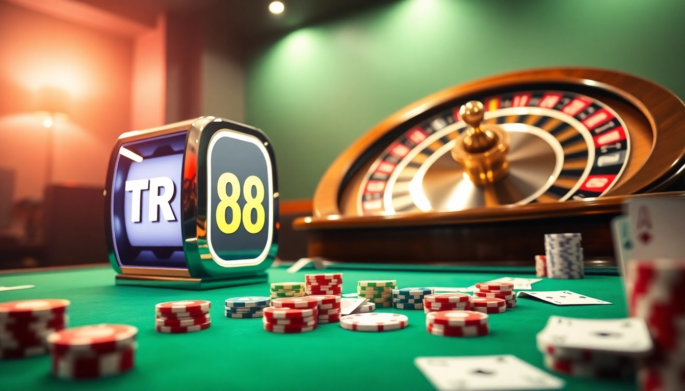 Win big with the TR88 slot machine surrounded by poker chips and a roulette wheel.