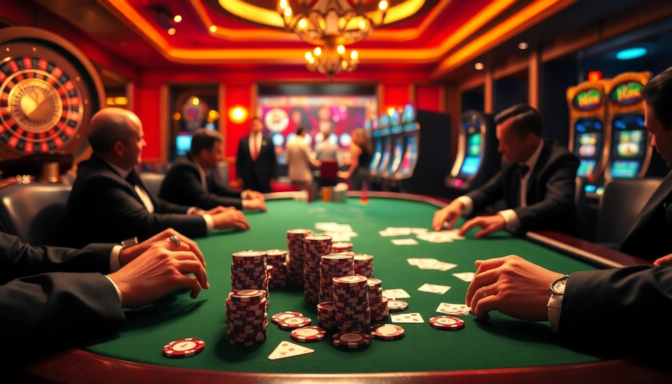 A thrilling high-stakes poker game at a luxurious casino with vibrant elements like roulette wheels and slot machines at https://tg88.fyi/.