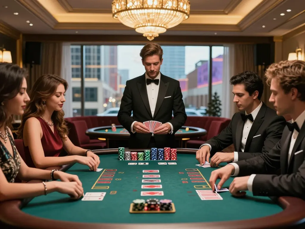 G28 table game scene with friends playing blackjack and enjoying the luxurious casino atmosphere.