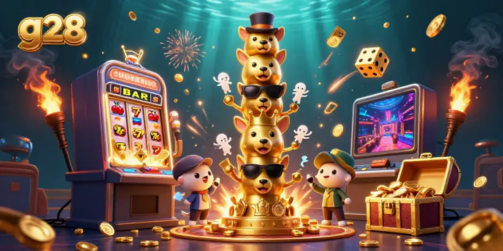 Experience the thrill of g28 gaming with vibrant slot machine action and a totem pole of luck.