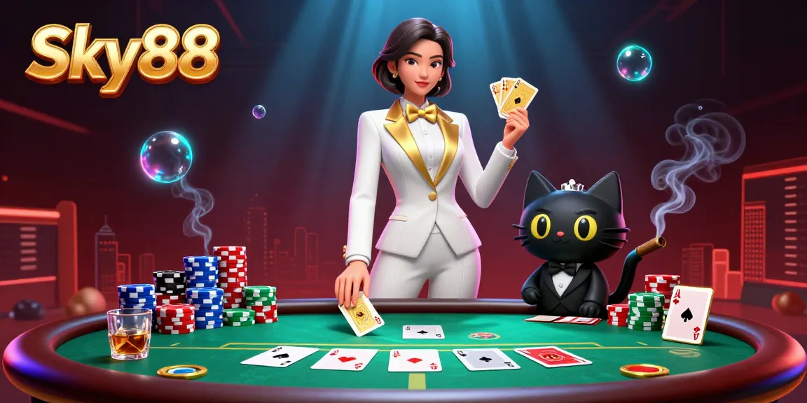 Engagingly showcase Sky88's glamorous 3D casino scene with a tuxedoed woman shuffling cards and vibrant poker elements.