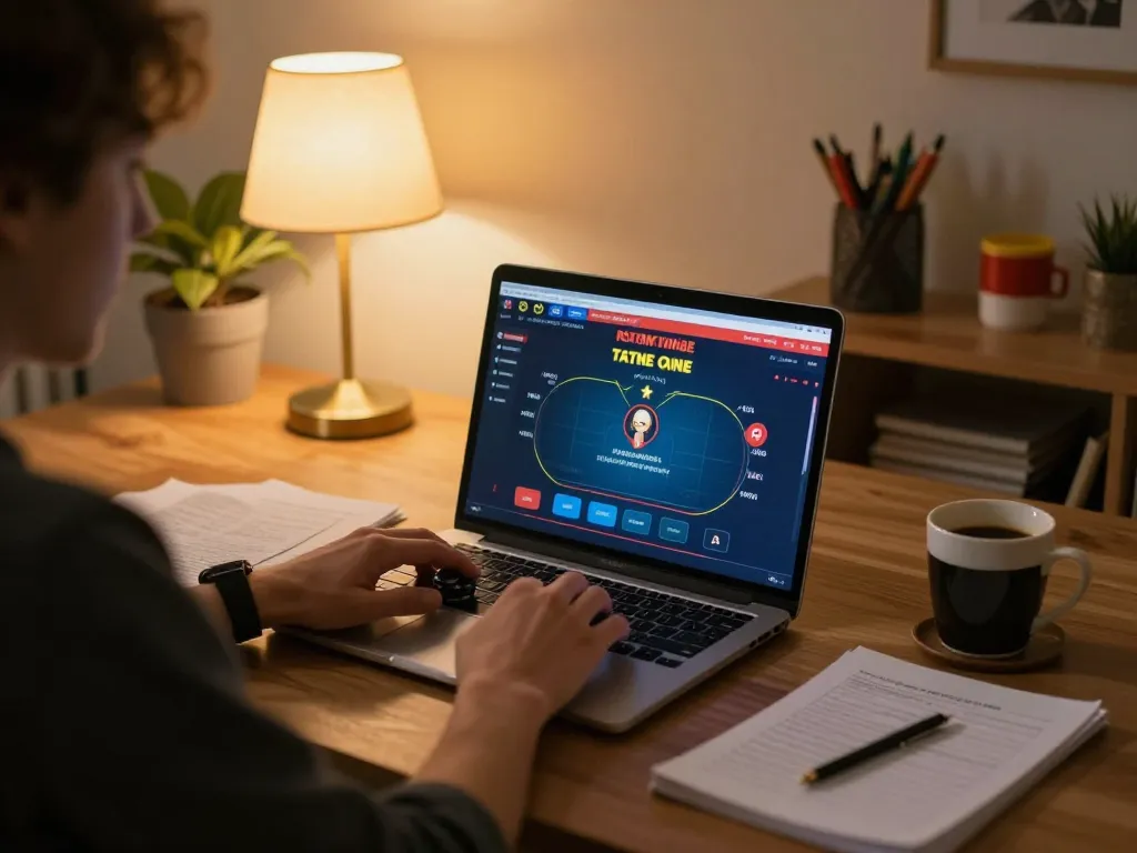 Engaging with 56WIN link at home, a player immersed in online poker gaming with strategy notes