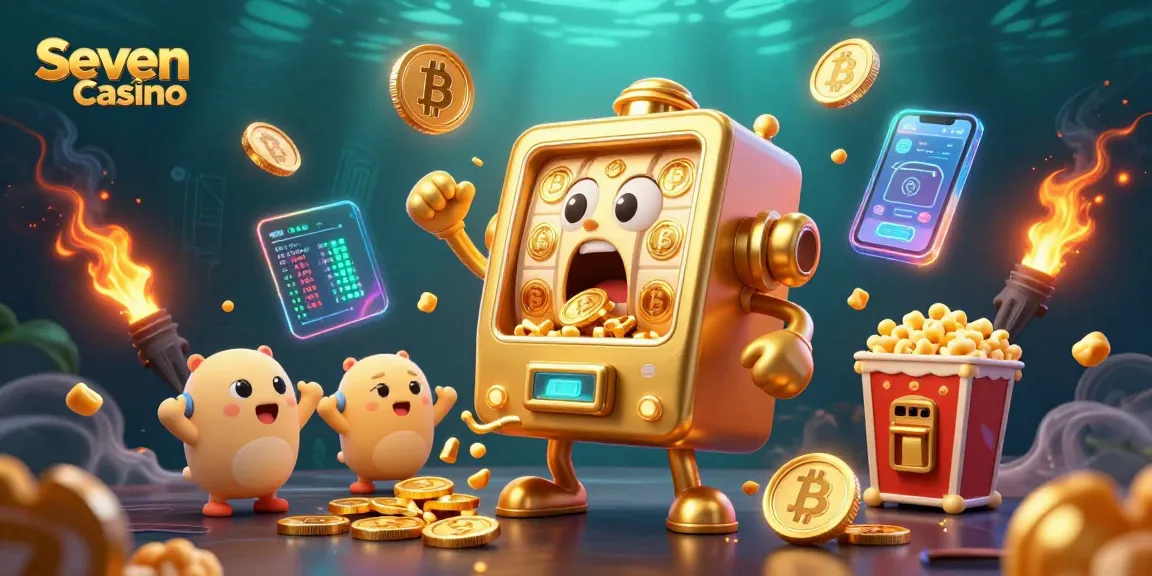 Engage with the thrilling action of Seven Reels Casino showcasing a lively jackpot scene with cartoon slot machines.