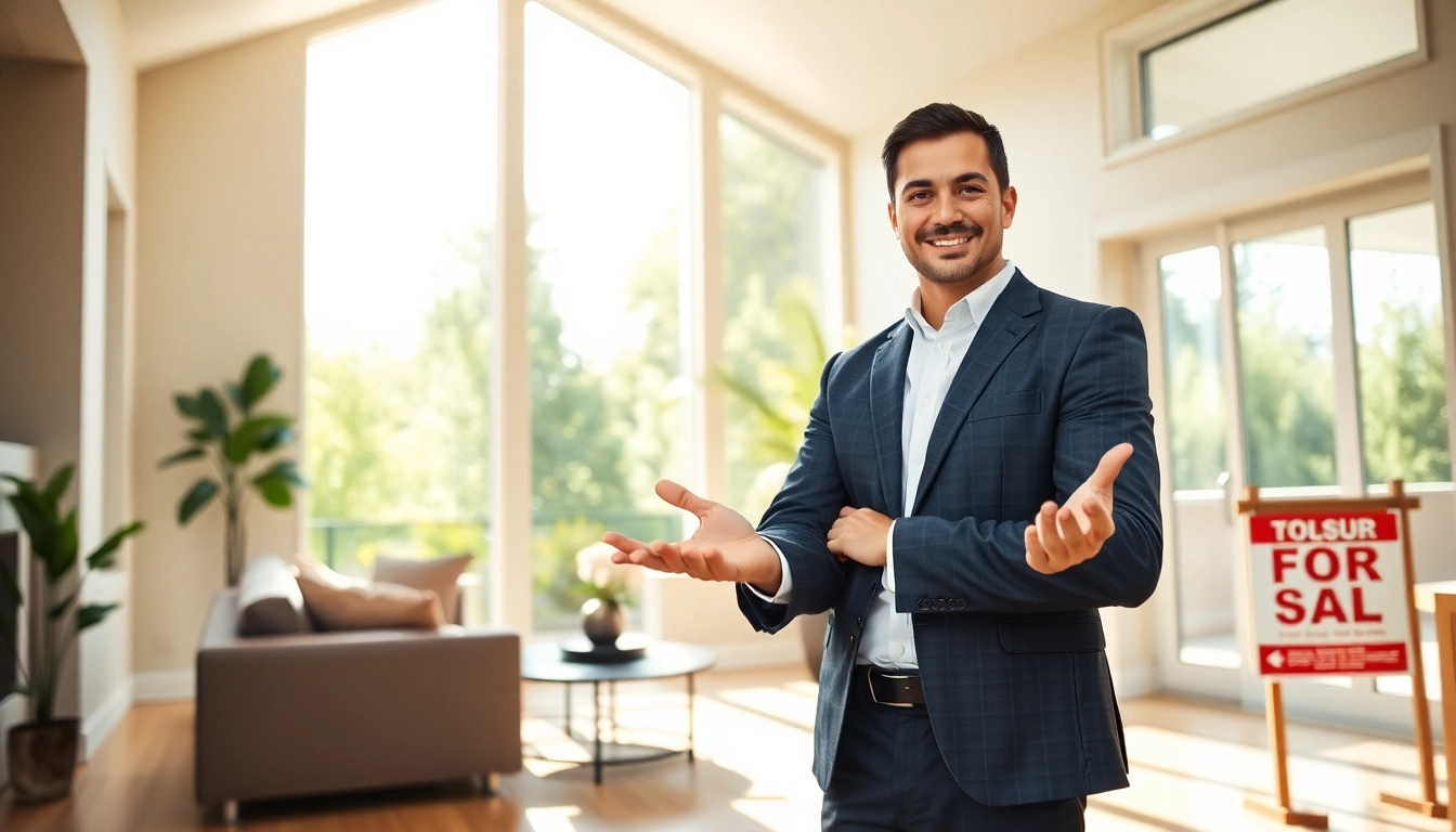 Kelowna realtor showcasing a beautiful property with inviting gestures and a bright interior.