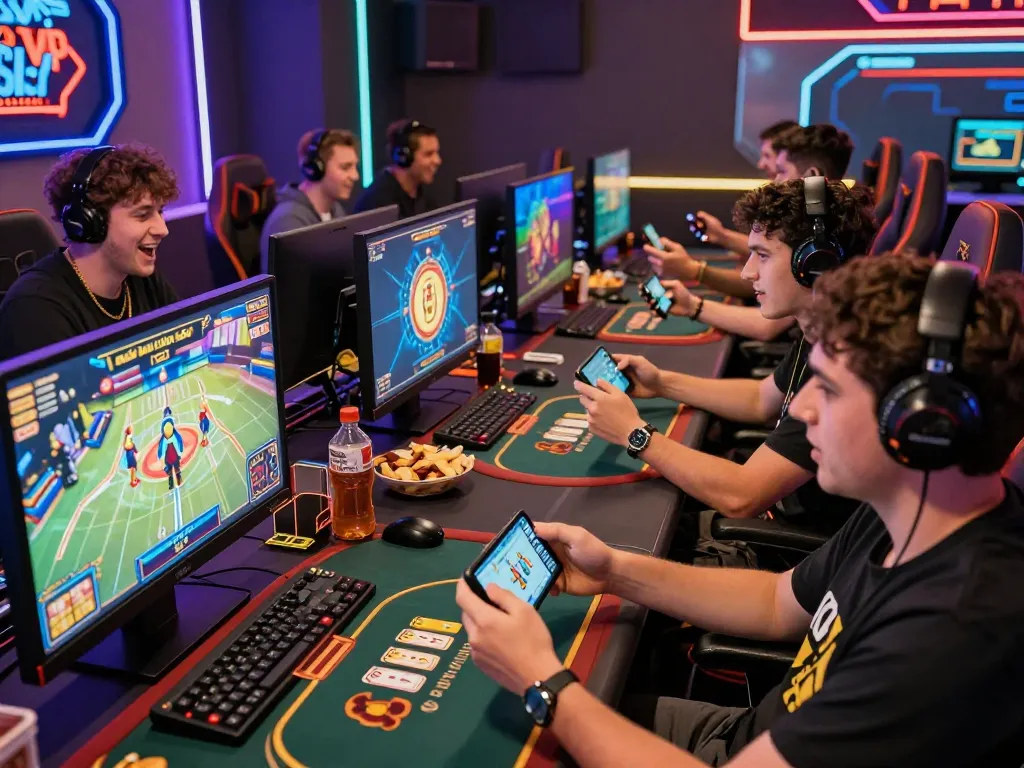 Players enjoying an immersive gaming experience while tải game rik vip on their mobile devices amidst colorful lights and exciting atmosphere.