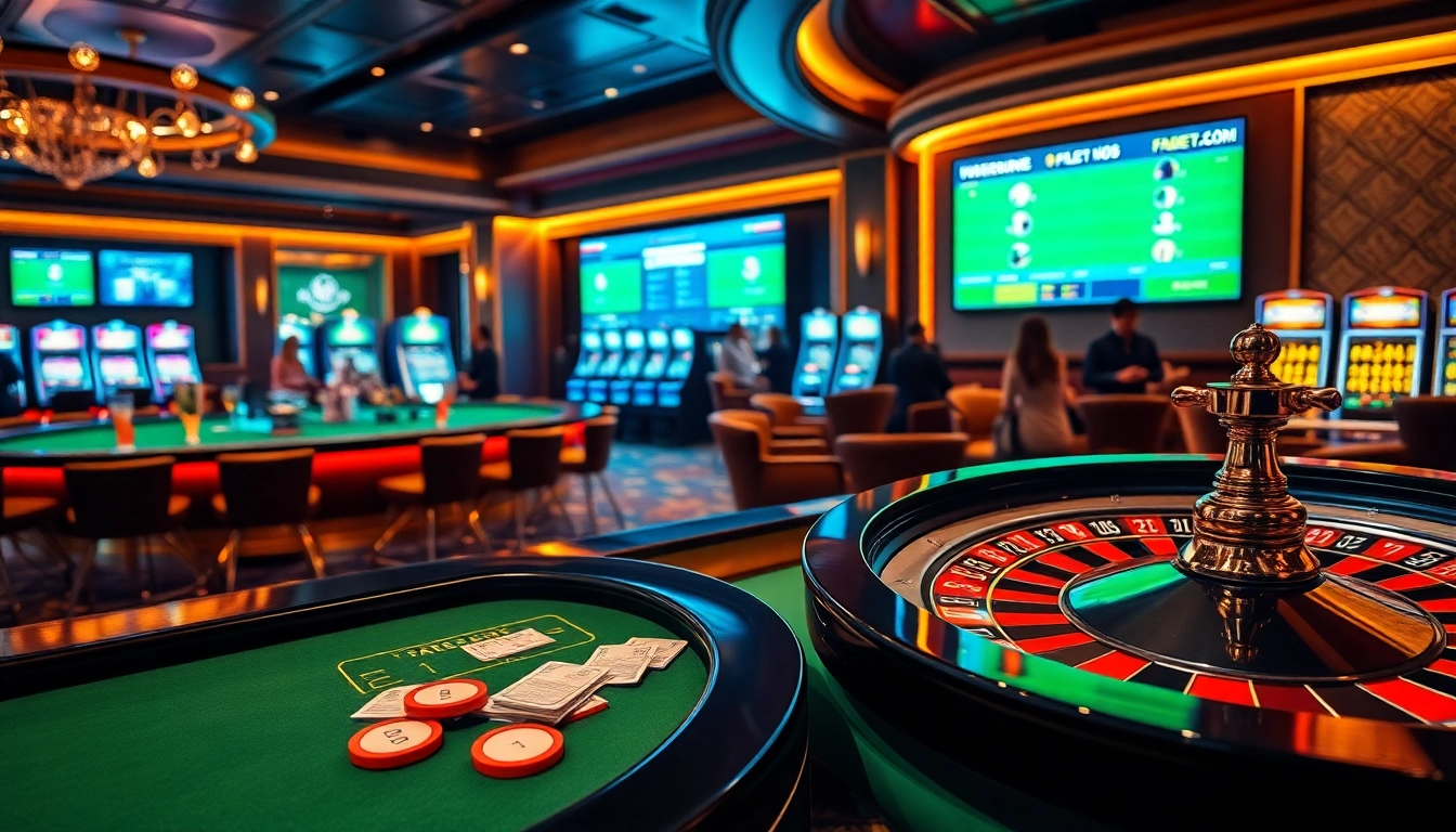 Vibrant casino scene featuring slot machines and betting slips at fabet3.com.