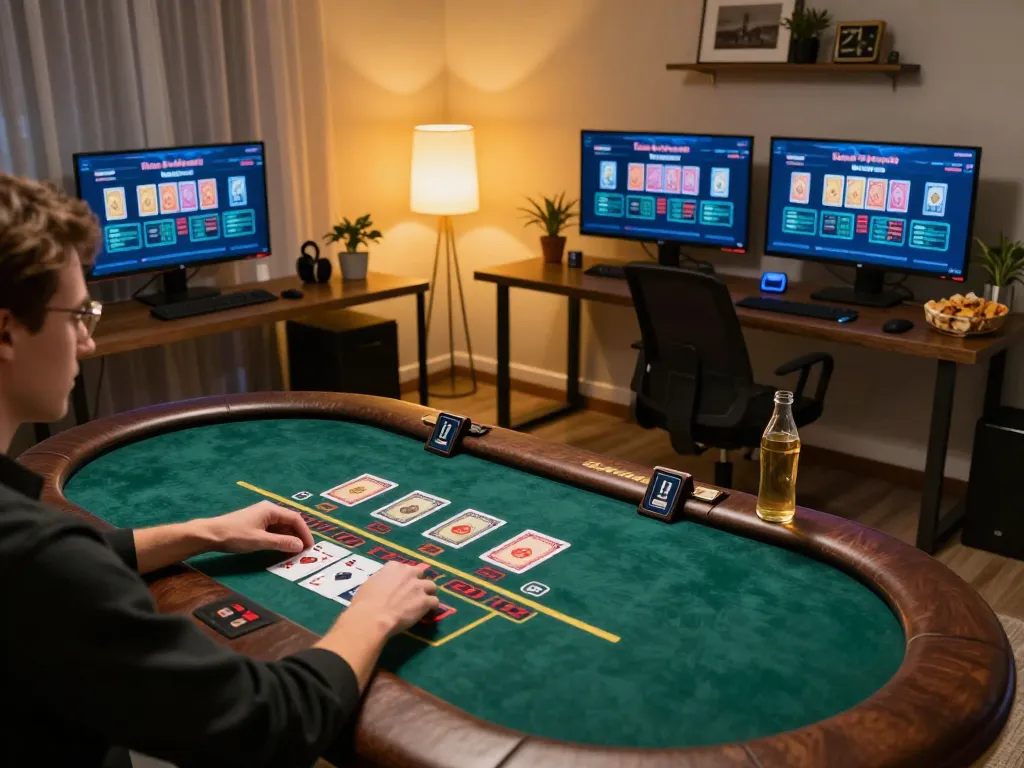 Engaging in live dealer blackjack at home with vaobet on multiple screens, showcasing responsible gaming setup