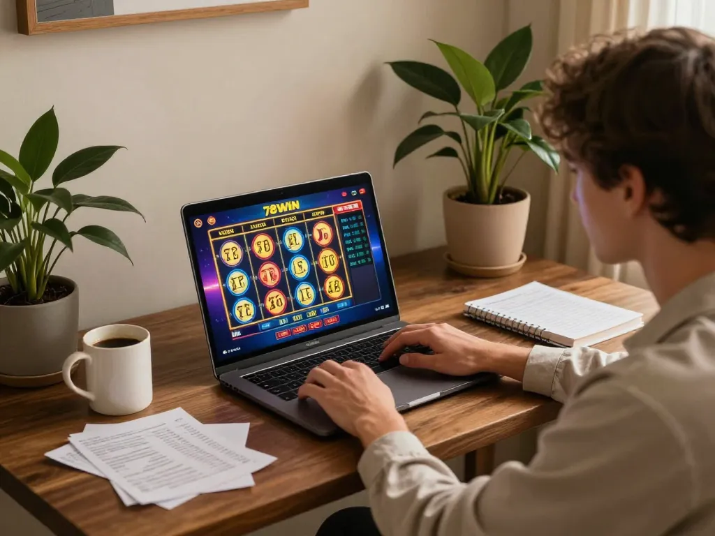 Engaged player enjoying 78WIN online slots at home, ambient lighting and cozy setup.