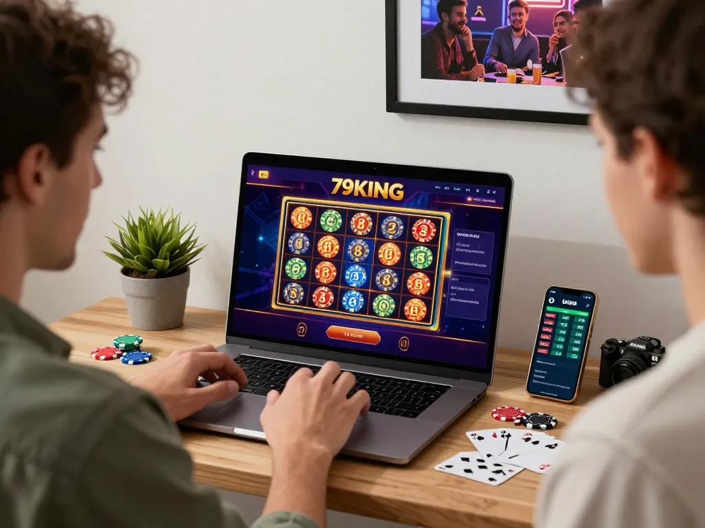 Engaging online gambling experience with 79KING platform, showcasing vibrant game interface and cozy home setting.