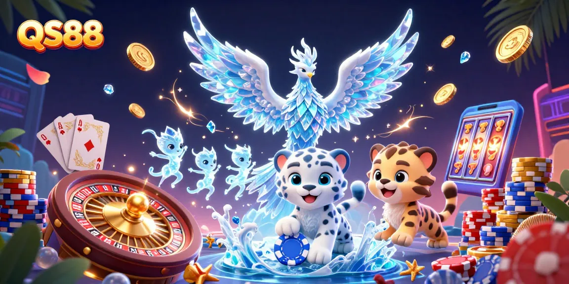 Experience thrilling wins with QS88 at this vibrant online casino illustration featuring various games.