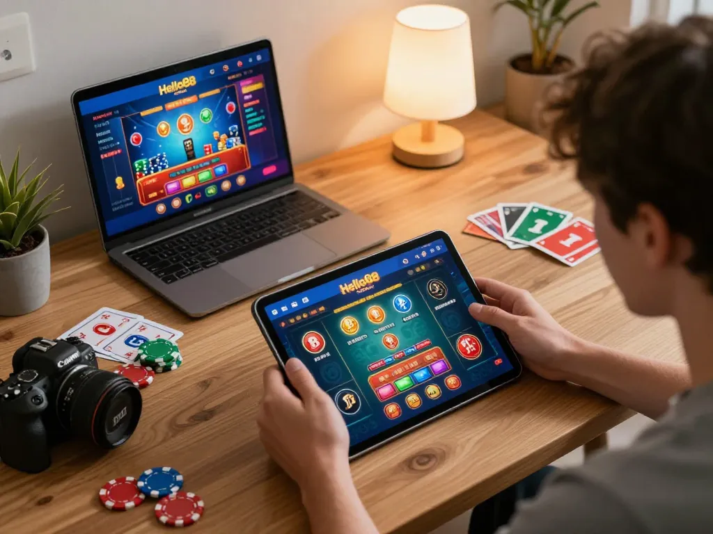 Player enjoying Hello88 com online casino games on tablet in a cozy home setting