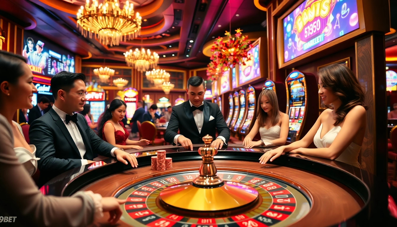 An exciting gaming scene at 89BET featuring players engaged at a roulette table amidst vibrant casino decor.