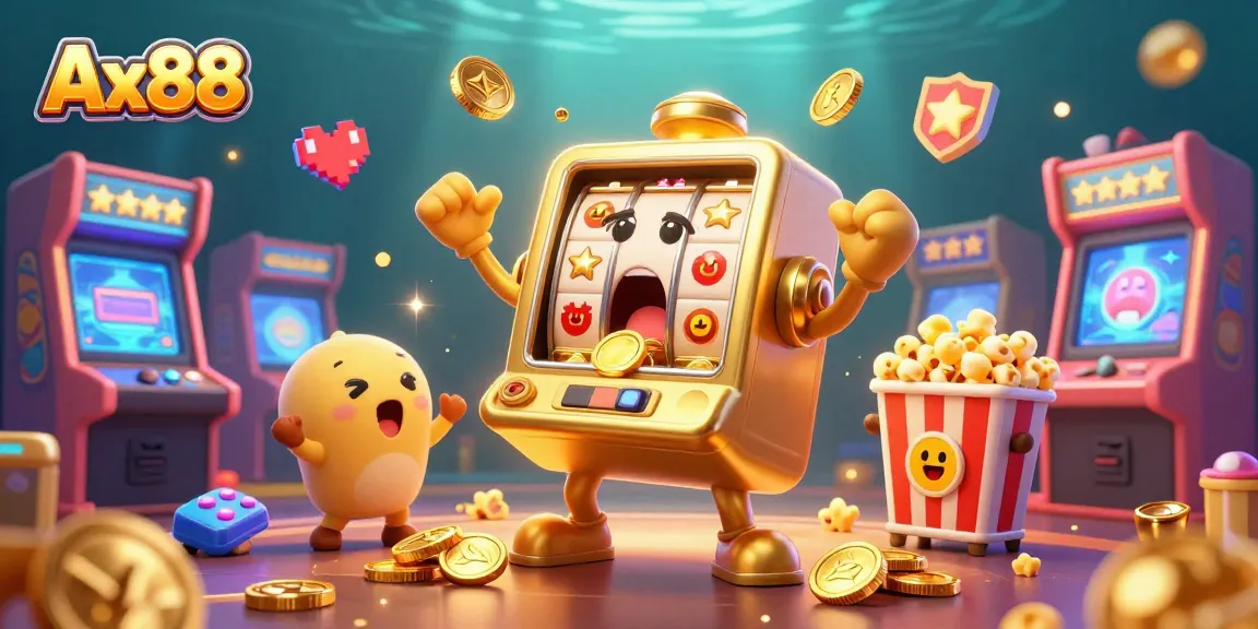 Win big at Ax88, featuring a golden slot machine hitting the jackpot amidst cheering baby slots and vibrant game elements.