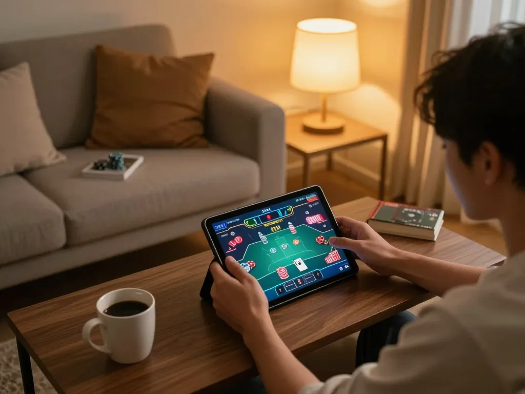 13win player enjoying an online poker game on tablet, cozy home setting.