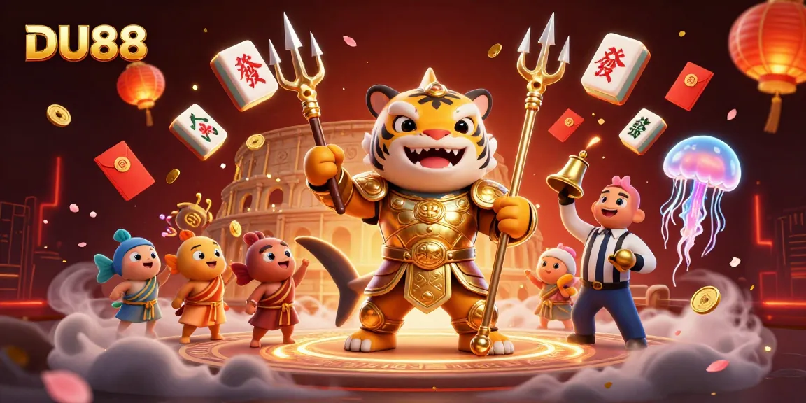 Engage with DU88 in an energetic underwater casino battle featuring a tiger shark and triumphant elements.