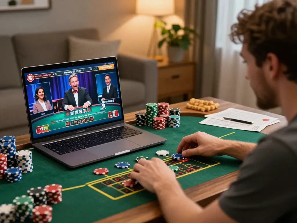 MM88 player engaging in online casino games at home, showing excitement and chips on desk