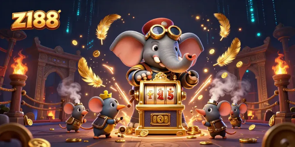 Experience the thrill of z188 gaming with a steampunk elephant operating a golden slot machine amidst dynamic casino elements