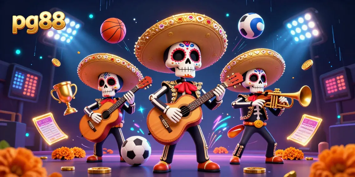 Experience the excitement of pg88 with a vibrant 3D illustration of a mariachi band amidst dynamic sports betting action.
