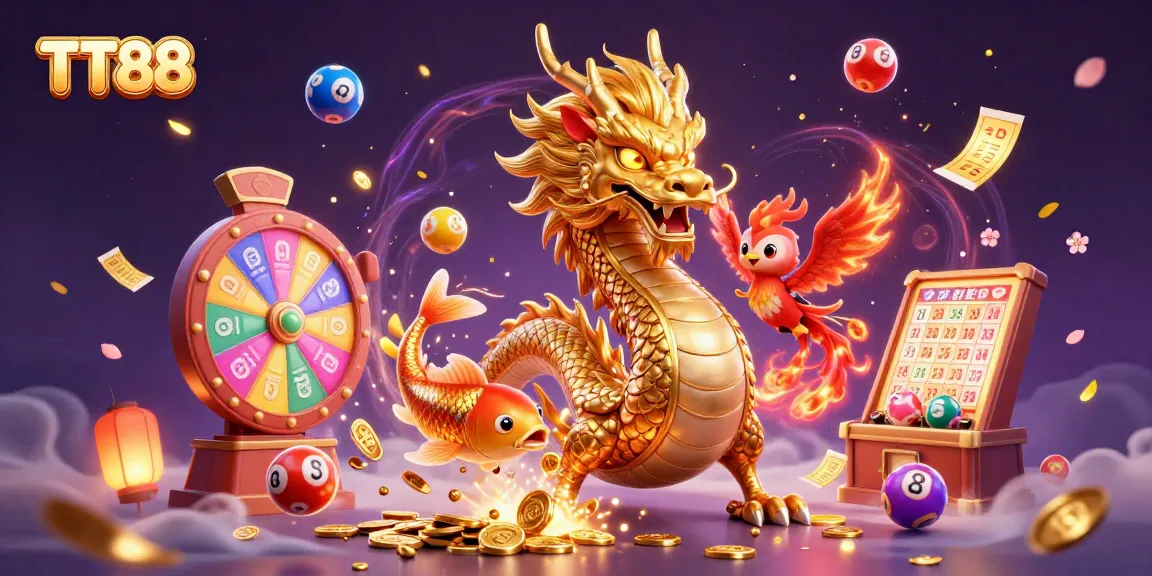 Experience winning excitement at TT88 casino with vibrant dragons, coins, and dynamic lottery balls.