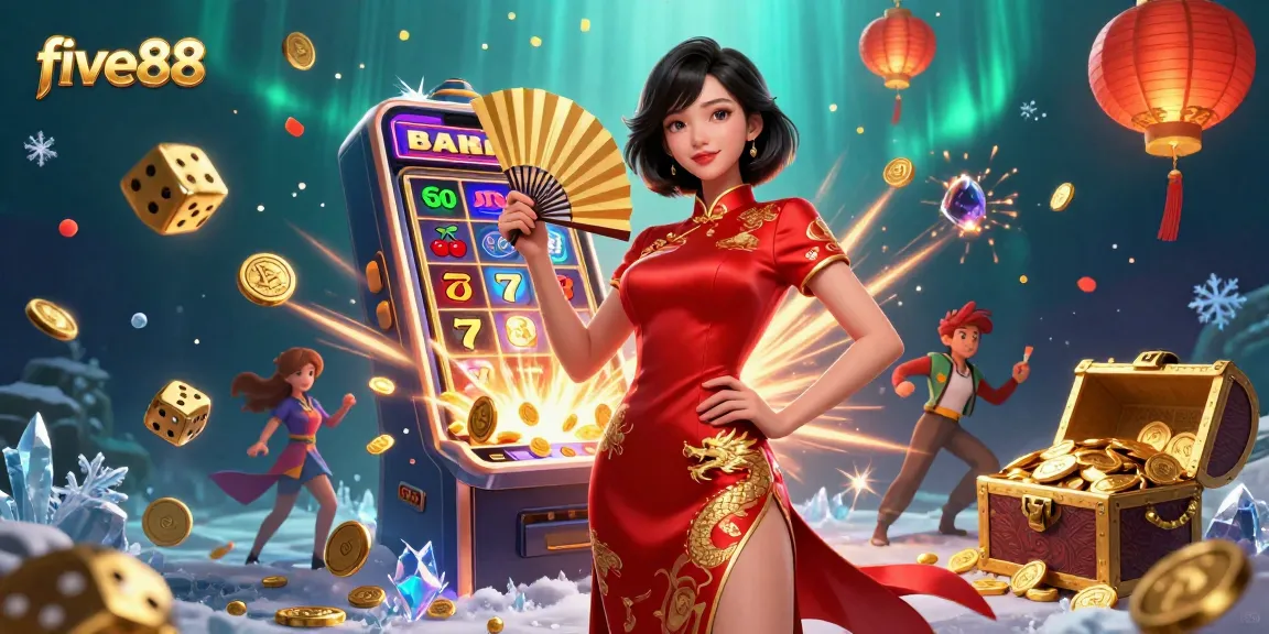 Experience winning at five88 with a vibrant Asian woman in casino celebration overflowing with gold coins.