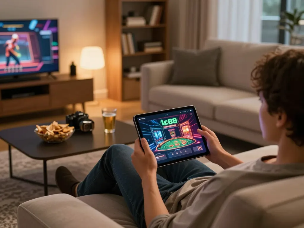 Engaging through the lc88 app on a tablet in a cozy home setting with snacks and ambient lighting.