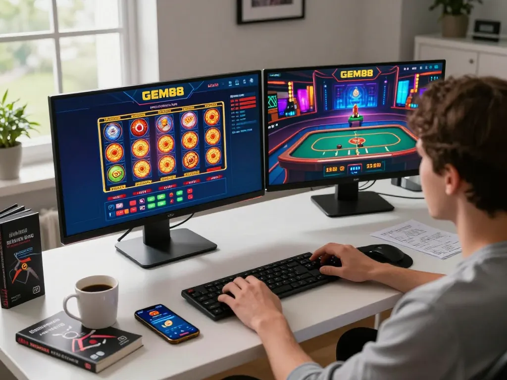 Engaging in GEM88 online gameplay on a modern gaming setup with casino interface and strategy notes.