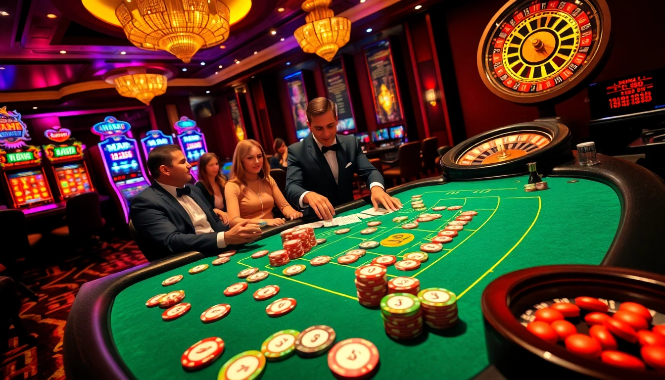 MAY88 poker table bustling with excitement and vibrant chips enhances player engagement.