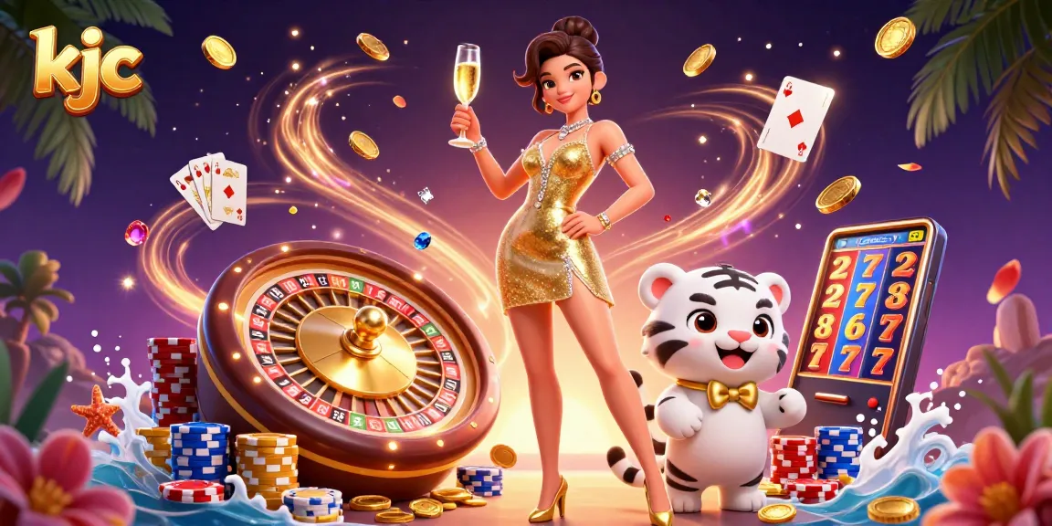 Engage in thrilling gambling with KJC, featuring a glamorous woman and a lucky tiger amidst cascading coins.