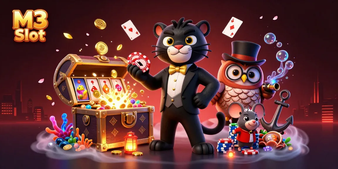 Experience the excitement of M3 Slot with a vibrant casino scene featuring colorful characters and game elements.