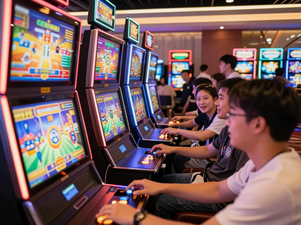 Players enjoying thrilling slot gameplay at Co88 casinos, surrounded by vibrant lights and exciting machines.