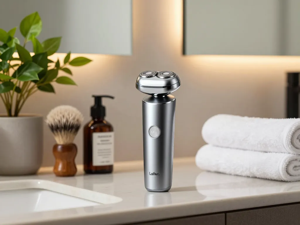 Laifen shaver on a stylish bathroom countertop with grooming essentials, creating a sophisticated grooming atmosphere.
